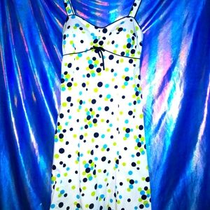 Sweetheart neckline A-Line White Dress with Lime, Turquoise and black polka dot